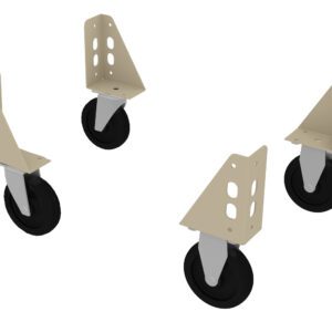Four black and gray caster wheels with beige metal brackets are arranged in a scattered formation on a white background. The brackets are triangular with cut-out holes, supporting each wheel from above.