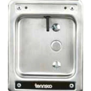 A rectangular silver metal lockbox with a black latch and two circular indentations. The brand name Tennsco is visible at the bottom on a black strip.