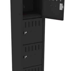 Tall black locker with eight compartments, six closed and two open, revealing empty spaces inside. Each compartment has a small lock and ventilation slits near the top. The locker is freestanding against a plain background.