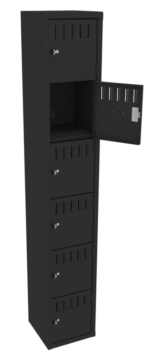 Tall black locker with eight compartments, six closed and two open, revealing empty spaces inside. Each compartment has a small lock and ventilation slits near the top. The locker is freestanding against a plain background.