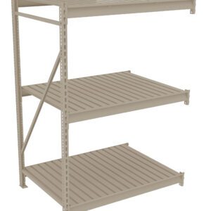 A beige metal shelving unit with three adjustable shelves, each one made of horizontal slats. The unit is designed for storage, with an open back and sides supported by vertical beams.