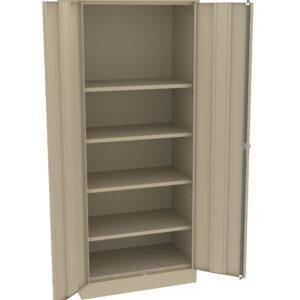 A tall beige metal storage cabinet with one door open, revealing five shelves inside. The cabinet is empty and stands on a solid-colored, plain background.