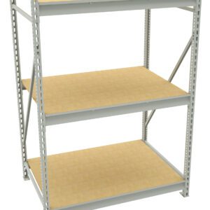 Three-tiered metal shelving unit with wooden shelves. The frame is silver, supporting three large rectangular wooden shelves. The unit is free-standing and designed for storage or organizational purposes.