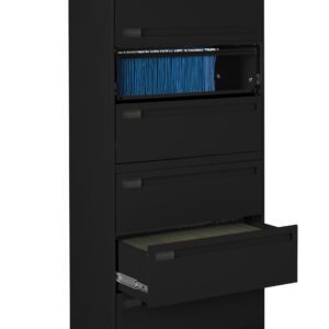 Black filing cabinet with five drawers, two of which are open. The top open drawer contains blue hanging files, and the lower open drawer is empty. The cabinet is set against a white background.