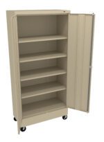 Tall beige metal cabinet on wheels with an open door revealing five empty shelves.