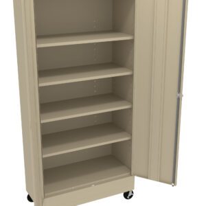 Tall beige metal cabinet on wheels with an open door revealing five empty shelves.