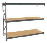 A three-tiered metal shelving unit with wooden shelves. The frame is gray metal and the shelves are made of light brown wood. The structure is sturdy and suitable for storage or organizational purposes.