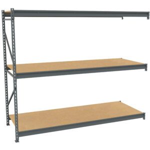 A three-tiered metal shelving unit with wooden shelves. The frame is gray metal and the shelves are made of light brown wood. The structure is sturdy and suitable for storage or organizational purposes.