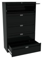 Black metal file cabinet with five drawers, all open. The top drawer is slim, and the others are deeper, designed for file storage. Each drawer has a silver handle, and the cabinet stands upright, showcasing its storage capacity.