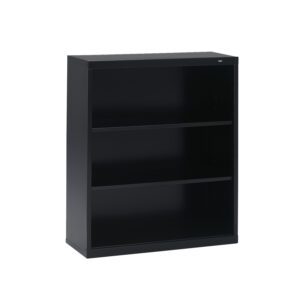 A black metal bookshelf with two adjustable shelves and a flat top, suitable for storing books or decorative items. The design is simple and modern, with a smooth finish. The bookshelf is standing alone against a white background.