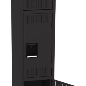 A tall, black metal locker with three compartments. The top two compartments are closed, while the bottom one is open. Each door has a rectangular handle and vent slots for ventilation. The locker stands upright on a white background.