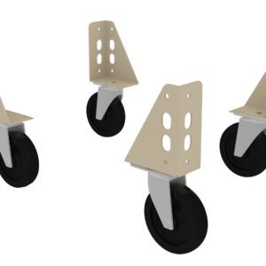 Four beige and black swivel casters with mounting brackets, shown from different angles on a white background. The brackets have multiple holes for attaching to a surface.