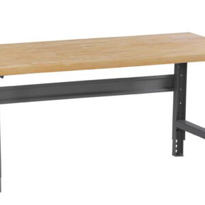 A sturdy wooden workbench with a thick, rectangular wooden tabletop and gray metal legs. The design is simple and industrial, suitable for workshops or garages.
