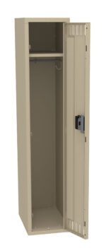 An open beige metal locker with a black latch. Inside, theres an upper shelf and a hanging rod. The locker is empty and the door is slightly ajar.