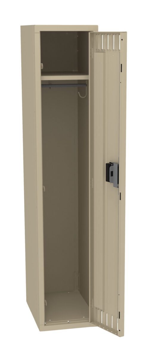 An open beige metal locker with a black latch. Inside, theres an upper shelf and a hanging rod. The locker is empty and the door is slightly ajar.