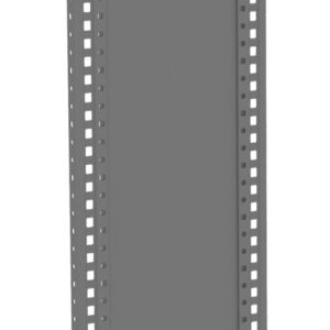 Tall, rectangular, gray metal panel with rows of evenly spaced square cutouts along both vertical edges.