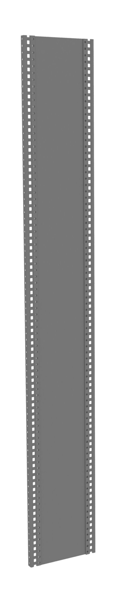 Tall, rectangular, gray metal panel with rows of evenly spaced square cutouts along both vertical edges.