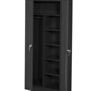 A tall, black metal storage cabinet with two doors open. The interior features a vertical divider, with five shelves on the right and an empty space on the left. The cabinet has locking handles on each door.