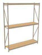 A metal storage rack with two wooden shelves. The frame is composed of vertical metal beams with diagonal cross braces for support. The shelves are evenly spaced, providing open storage space. The rack stands on a white background.
