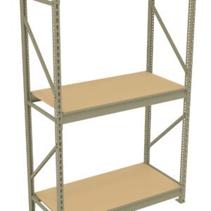 A beige, three-tier metal shelving unit with light brown shelves. The structure features vertical supports and horizontal braces, designed for storage purposes. The shelves are evenly spaced and the unit is freestanding.