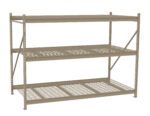 A beige, three-tiered metal storage shelving unit with a wire mesh design. The shelves are supported by a frame with vertical and diagonal support bars, suitable for organizing and storing items in a warehouse or garage.