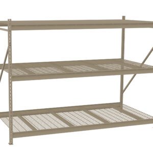 A beige, three-tiered metal storage shelving unit with a wire mesh design. The shelves are supported by a frame with vertical and diagonal support bars, suitable for organizing and storing items in a warehouse or garage.