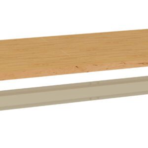 A wooden tabletop rendered in a light brown finish is displayed above a beige metal support bar. The tabletop and support are aligned parallel to each other, showcasing a minimalist design suitable for furniture assembly.