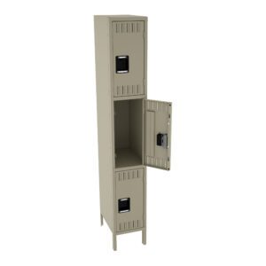 A tall, beige metal locker with three compartments. The middle compartment door is open, showing its empty interior. The other two compartments have closed doors with built-in locks. The locker stands on four legs.