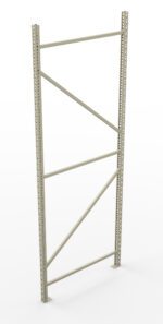 A tall, metal storage rack frame with a light gray finish stands upright. It features vertical supports with multiple holes for shelving customization and diagonal bracing for stability. The background is plain white.