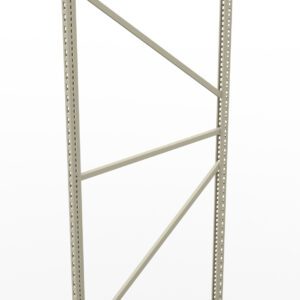 A tall, metal storage rack frame with a light gray finish stands upright. It features vertical supports with multiple holes for shelving customization and diagonal bracing for stability. The background is plain white.