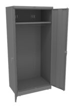 Gray metal storage cabinet with double doors, open to reveal a single hanging rod inside. The left door is slightly ajar while the right door is fully open, showing the plain interior.