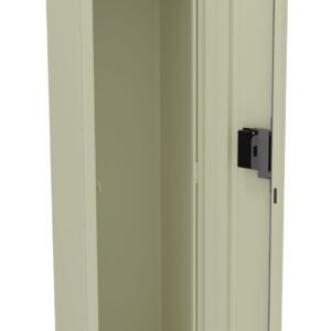 A tall beige metal locker with an open door. Inside, it features an upper shelf and a hanging rod. The locker has a ventilation grille on the door and a lock mechanism. The background is white.