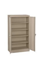 An open, beige metal storage cabinet with five adjustable shelves and two doors with handles. The cabinet is empty, showing a clean and organized interior space.