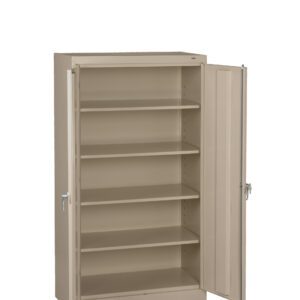 An open, beige metal storage cabinet with five adjustable shelves and two doors with handles. The cabinet is empty, showing a clean and organized interior space.