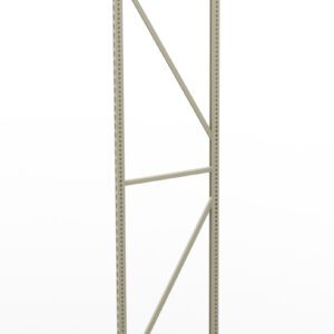 A tall, freestanding metal shelving frame with vertical beams and diagonal cross-bracing, designed for warehouse or industrial use, set against a plain white background.