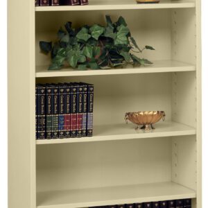 A tall beige bookshelf with five shelves. It holds decorative items, including a vase with ornate patterns, a small plant, a decorative bowl, and several sets of books with matching covers, arranged in an orderly manner.