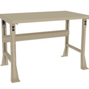 A beige industrial workbench with a flat, rectangular surface and sturdy metal legs. It has a support bar underneath and features two power outlets on the front legs. The design is simple and functional.