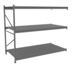 Three-tiered industrial metal shelving unit with a gray finish, featuring slatted metal shelves supported by vertical beams. The unit is designed for heavy-duty storage, standing tall and sturdy without any items on it.