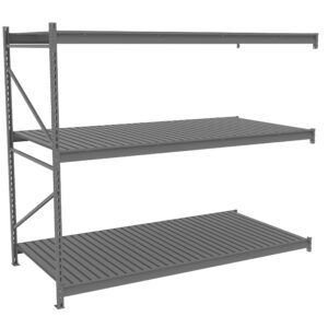Three-tiered industrial metal shelving unit with a gray finish, featuring slatted metal shelves supported by vertical beams. The unit is designed for heavy-duty storage, standing tall and sturdy without any items on it.