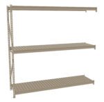 A beige metal shelving unit with three evenly spaced shelves. The shelves are designed with slats and are supported by vertical metal beams on either side. The minimalist design suggests it is for storage purposes.