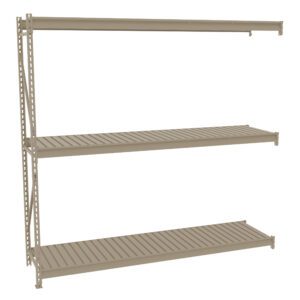 A beige metal shelving unit with three evenly spaced shelves. The shelves are designed with slats and are supported by vertical metal beams on either side. The minimalist design suggests it is for storage purposes.
