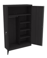 Black metal storage cabinet with two doors, opened to reveal shelves on the right side and a rod for hanging clothes on the left. The right side has multiple adjustable shelves for versatile storage options.