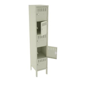 A tall, light gray metal locker with four compartments, each with a vented door. The second door from the top is slightly open, revealing part of the interior. The locker stands on four legs.
