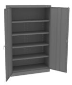A gray metal storage cabinet with two open doors, revealing four adjustable shelves inside. The cabinet is empty and stands alone against a white background.