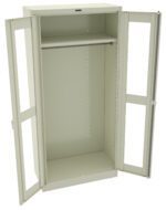 A beige metal storage cabinet with two open doors revealing an empty interior. It features a hanging rod and multiple adjustable shelves, with glass panels on the doors for visibility.