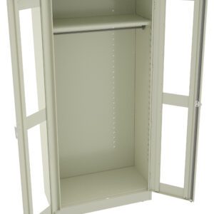 A beige metal storage cabinet with two open doors revealing an empty interior. It features a hanging rod and multiple adjustable shelves, with glass panels on the doors for visibility.