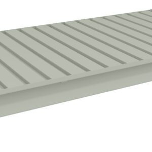 Rendered image of a light gray, rectangular metal tray with a ribbed surface and slight upward turned edges. The tray appears industrial, possibly for use in construction or manufacturing.