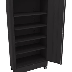 A tall, black storage cabinet with one open door is shown. It has five adjustable shelves inside and is mounted on wheels for mobility.