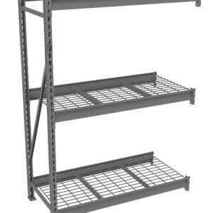 A gray, three-tiered metal storage rack with a solid top shelf and two wire grid shelves underneath, designed for heavy-duty use in industrial or warehouse settings.