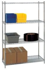 A four-tier metal storage shelf holds various items. The top shelf has blue and yellow bins, the second shelf has a gray bin and a black coil, and the bottom shelf has two taped brown boxes.